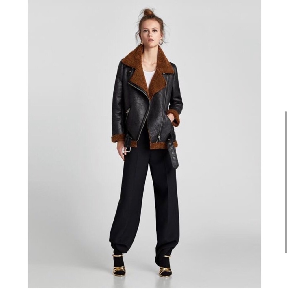 NWT ZARA TEXTURED BIKER JACKET W/Faux Sherpa Lining